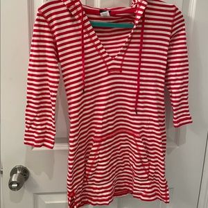 Red and white striped long sleeved dress w/ hood